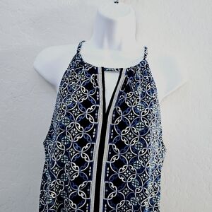 Max Studio Navy Blue Geometric Floral Dress Medium Midi Sleeveless Stretchy